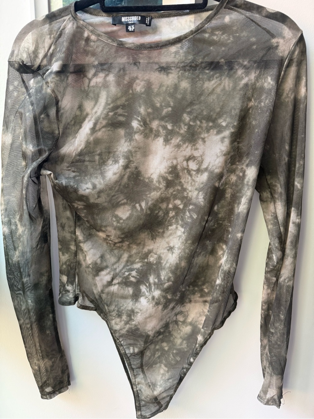 MISSGUIDED Olive Tie-Dye Mesh Long Sleeve Bodysuit